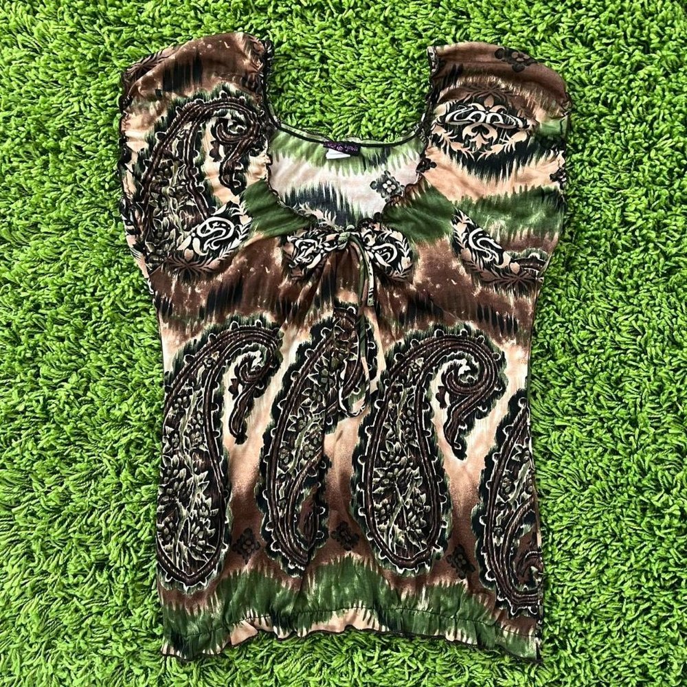 vintage y2k green and brown puff sleeve blouse